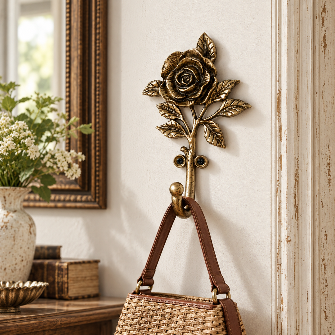 Open rose wall hook holding a woven bag