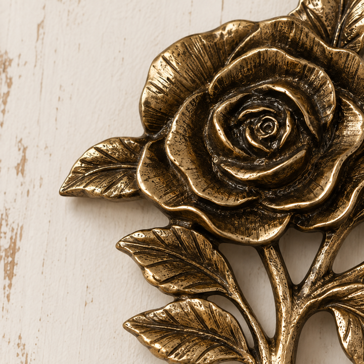 Close view of layered rose petals and leaves