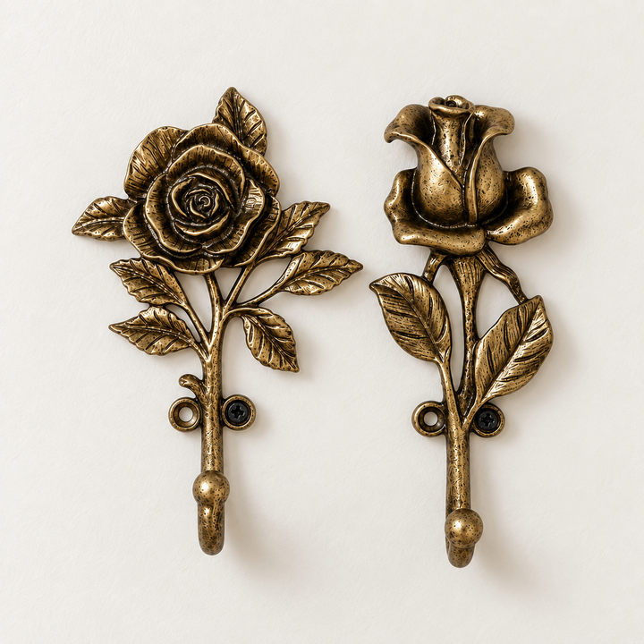 Open rose and rosebud wall hooks side by side