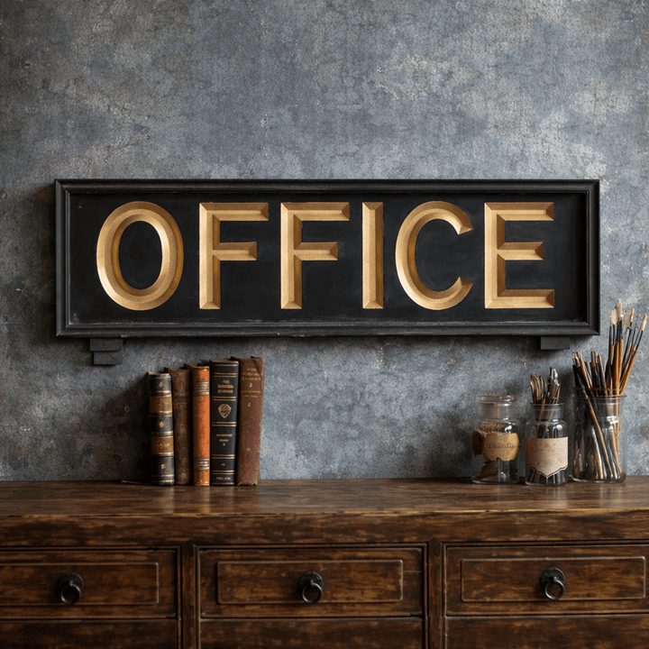 Antique Gold Wooden Office Wall Sign above a dark wood cabinet