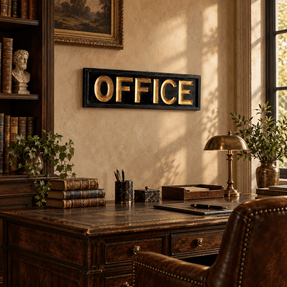 Antique Gold Wooden Office Wall Sign in a warm Old World study
