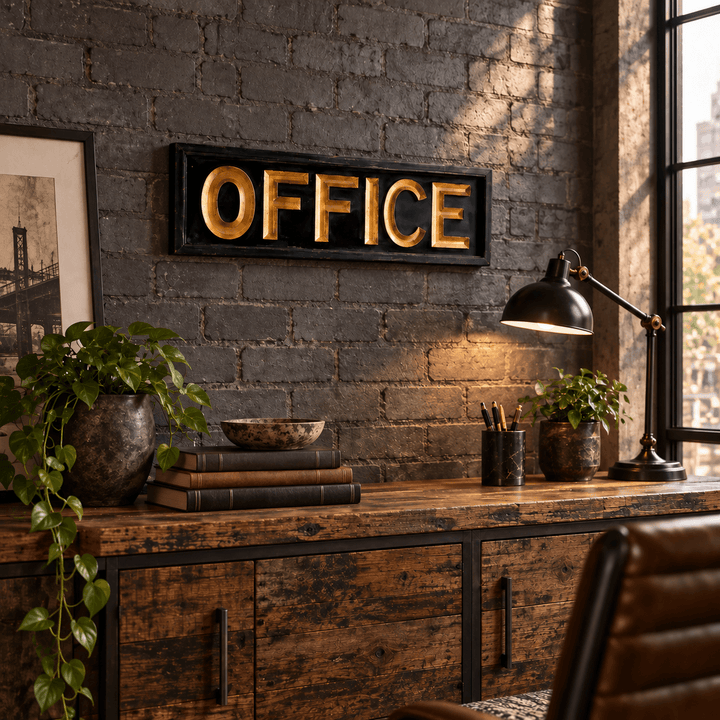 Antique Gold Wooden Office Wall Sign in an industrial loft workspace