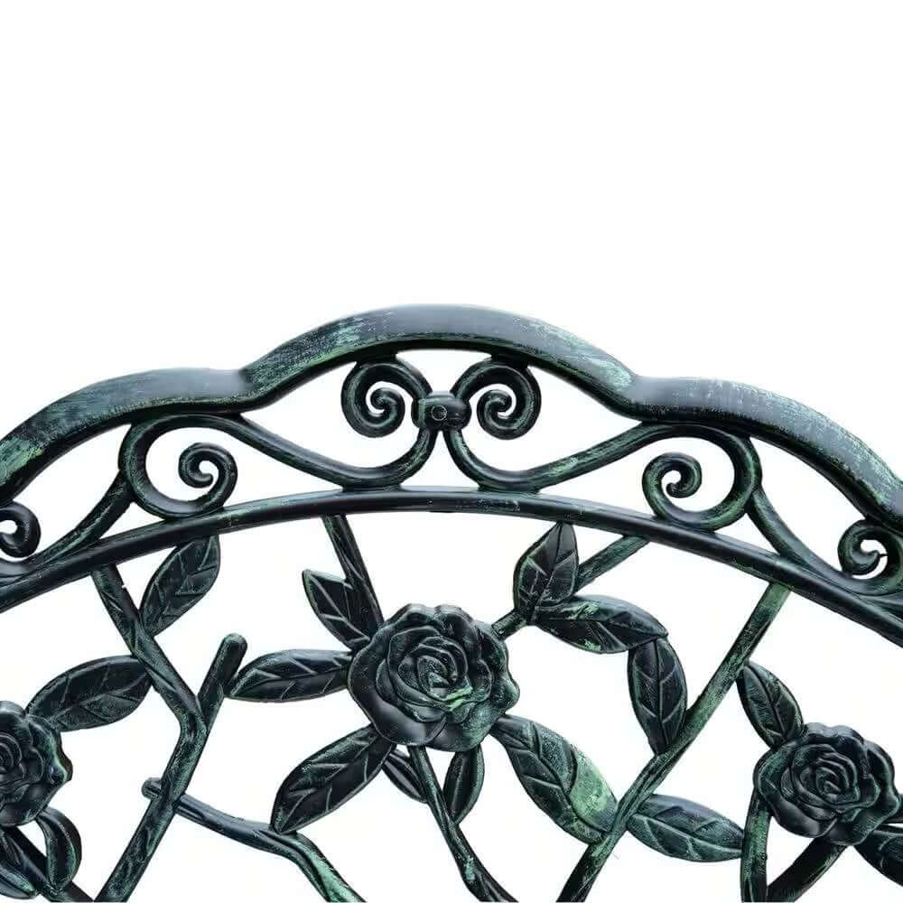 Antique Green Metal Garden Bench with Rose Backrest featuring intricate floral design and vintage scrollwork for classic outdoor elegance.