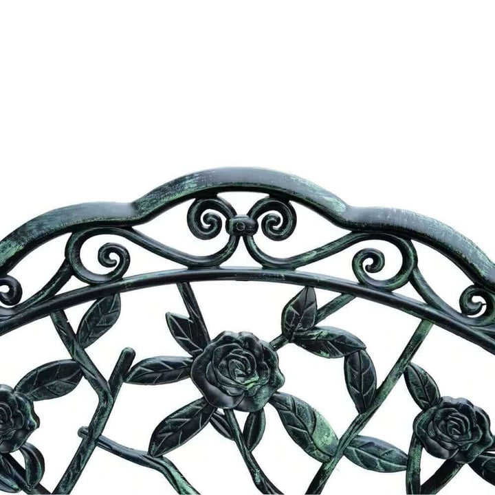 Antique Green Metal Garden Bench with Rose Backrest featuring intricate floral design and vintage scrollwork for classic outdoor elegance.