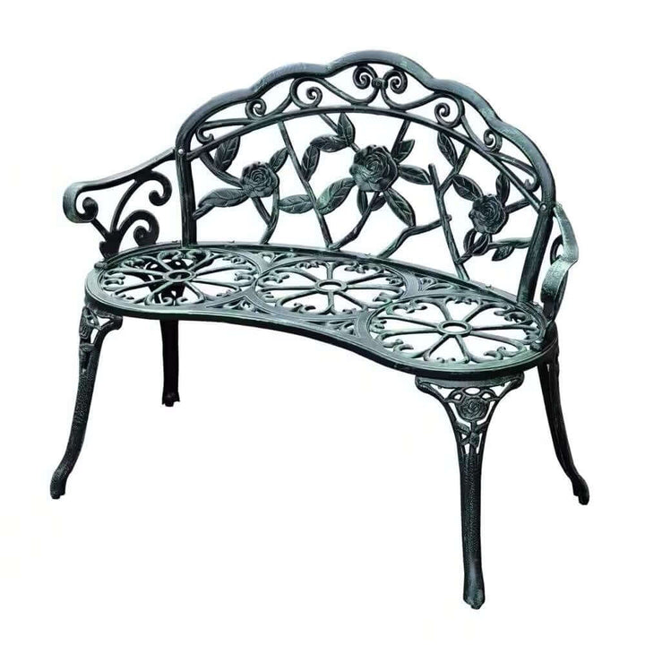 Antique Green Metal Garden Bench with Rose Backrest in vintage style, featuring floral motifs and scrolling details for outdoor elegance.
