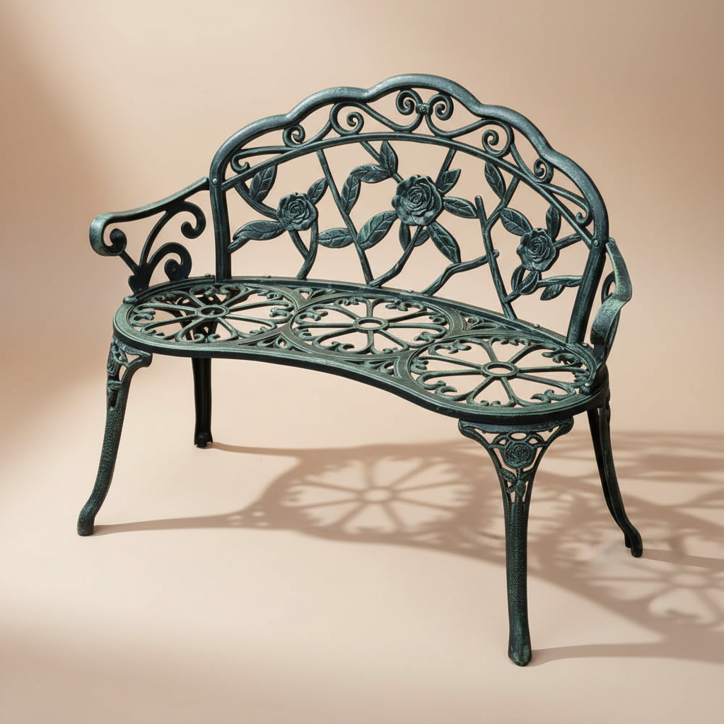 Decorative metal bench with floral patterns on a beige background