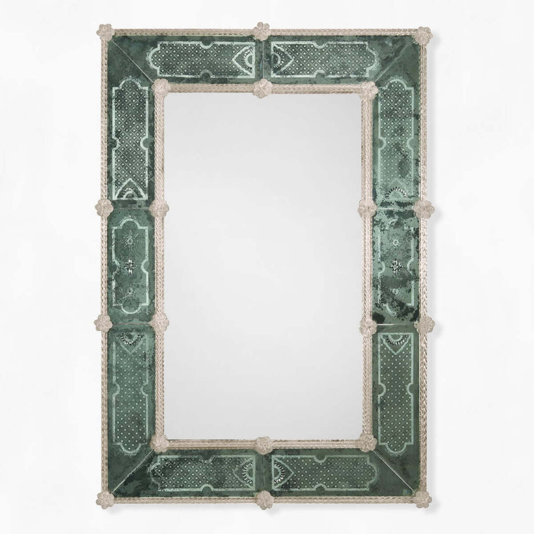 Antique Green Murano Glass Mirror with Smoke Border showcasing timeless Venetian artistry and craftsmanship.