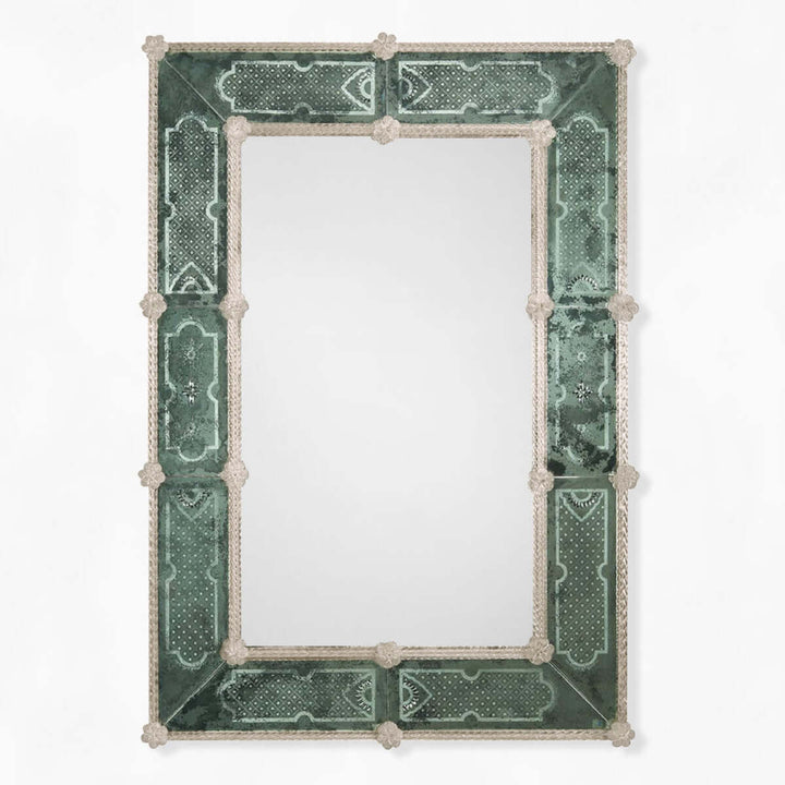 Antique Green Murano Glass Mirror with Smoke Border showcasing timeless Venetian artistry and craftsmanship.
