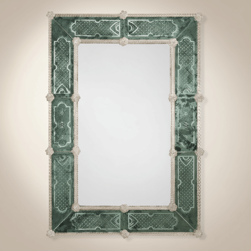 Elegant Antique Green Murano Glass Mirror with Smoke Border reflecting timeless Venetian craftsmanship.