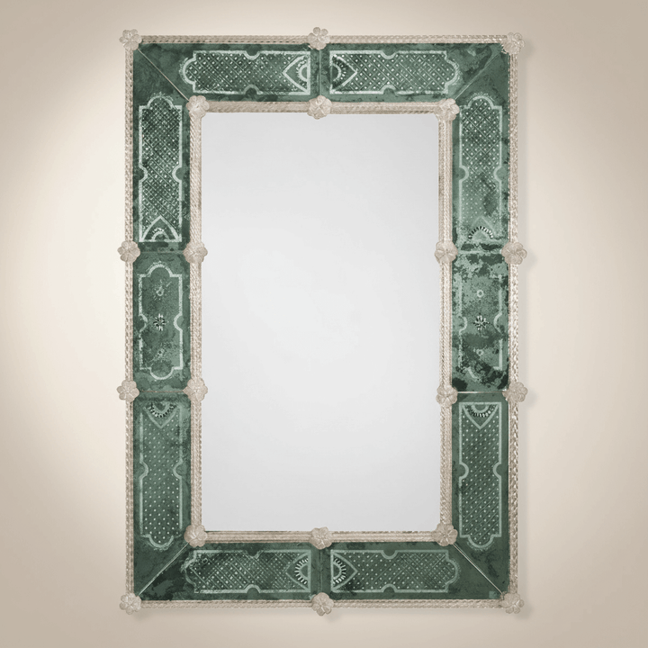 Elegant Antique Green Murano Glass Mirror with Smoke Border reflecting timeless Venetian craftsmanship.