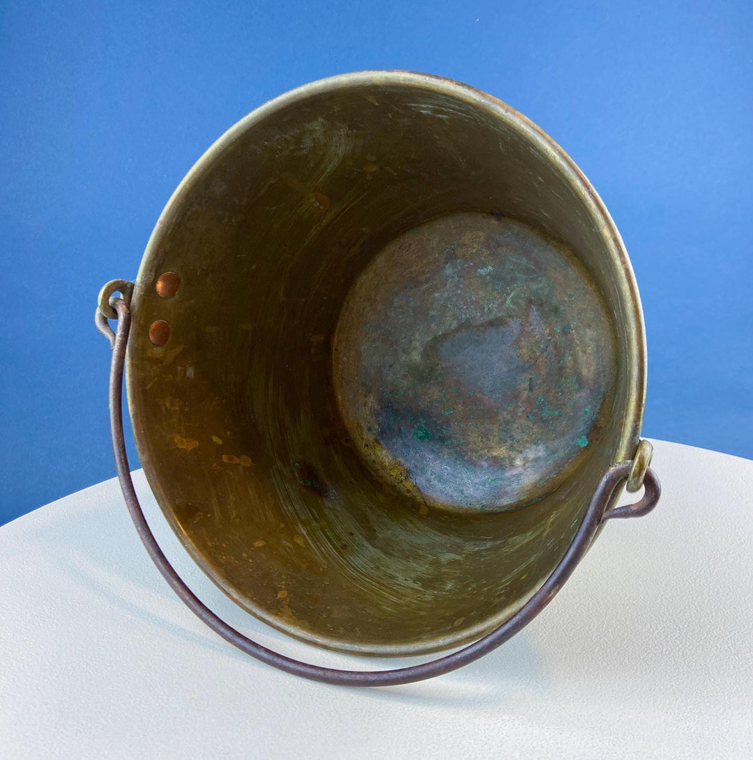 Antique Hand-Hammered Brass Bucket with Wrought Iron Handle: Rustic Farmhouse Decor - Inside View.