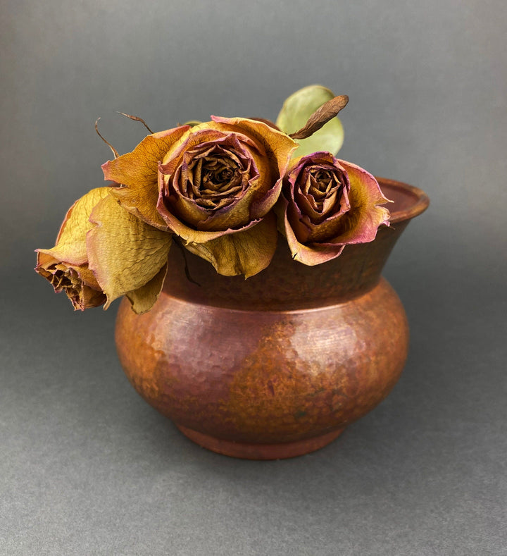 Antique Hand Hammered Brass & Copper Jardiniere Footed Flower Pot Vase with dried roses, rustic home decor, 19th C Imperial Russia.