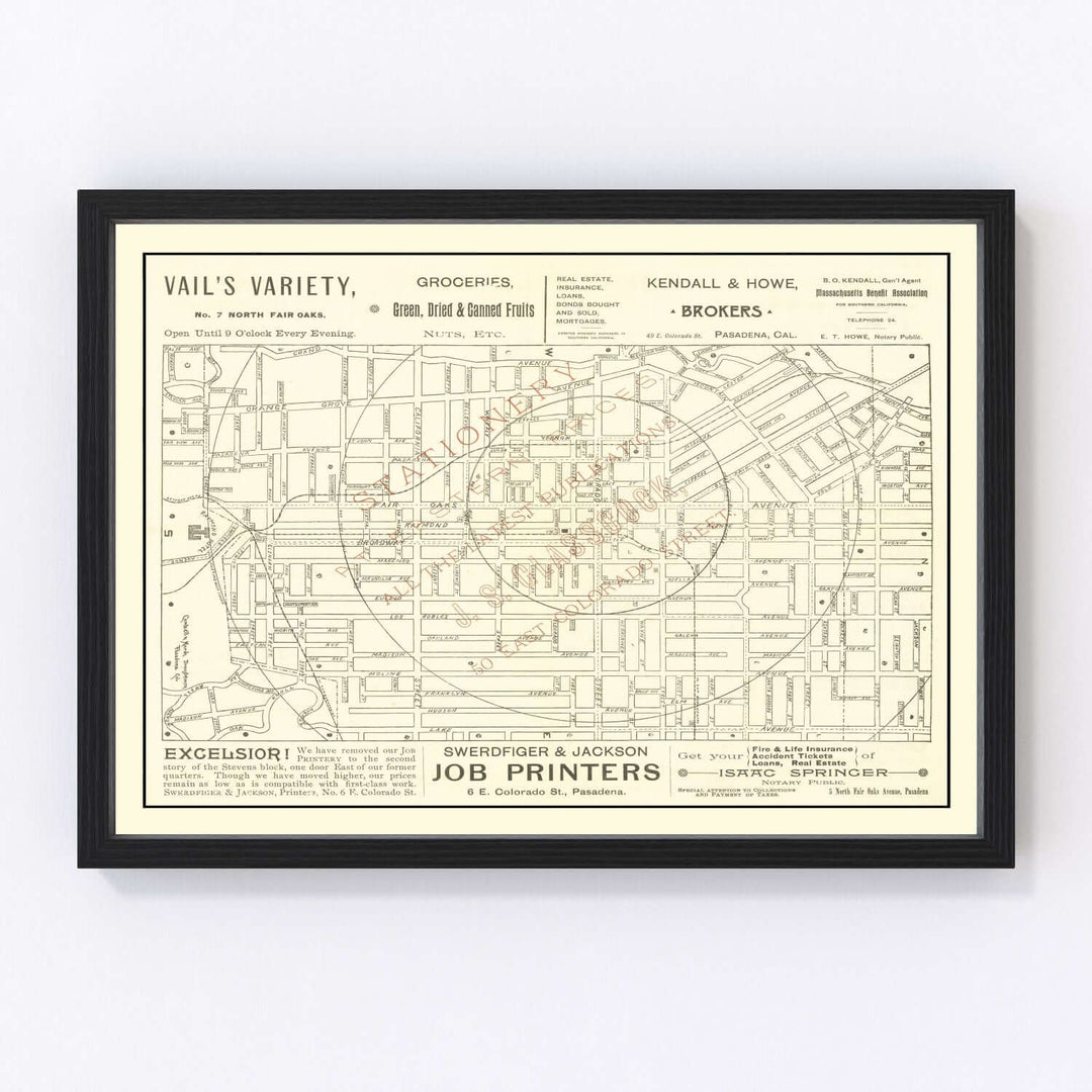 Framed Antique Map of Pasadena, California from 1893 with historical details and landmarks