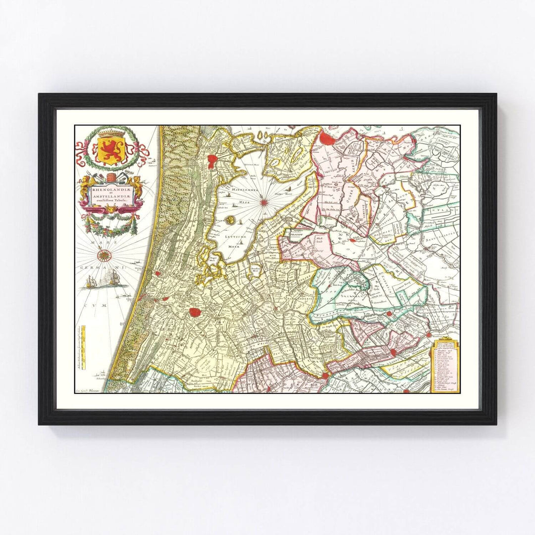 Antique Map of Amsterdam, Netherlands from 1665 in a black frame, showcasing 17th-century Dutch cartography and Golden Age exploration.