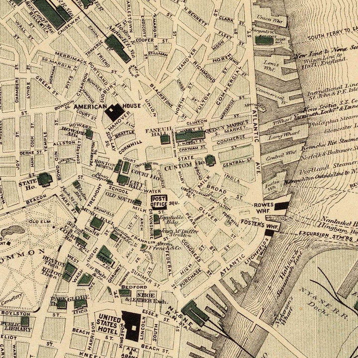 Antique Map of Boston, Massachusetts from 1884 showcasing intricate Victorian-era city plan