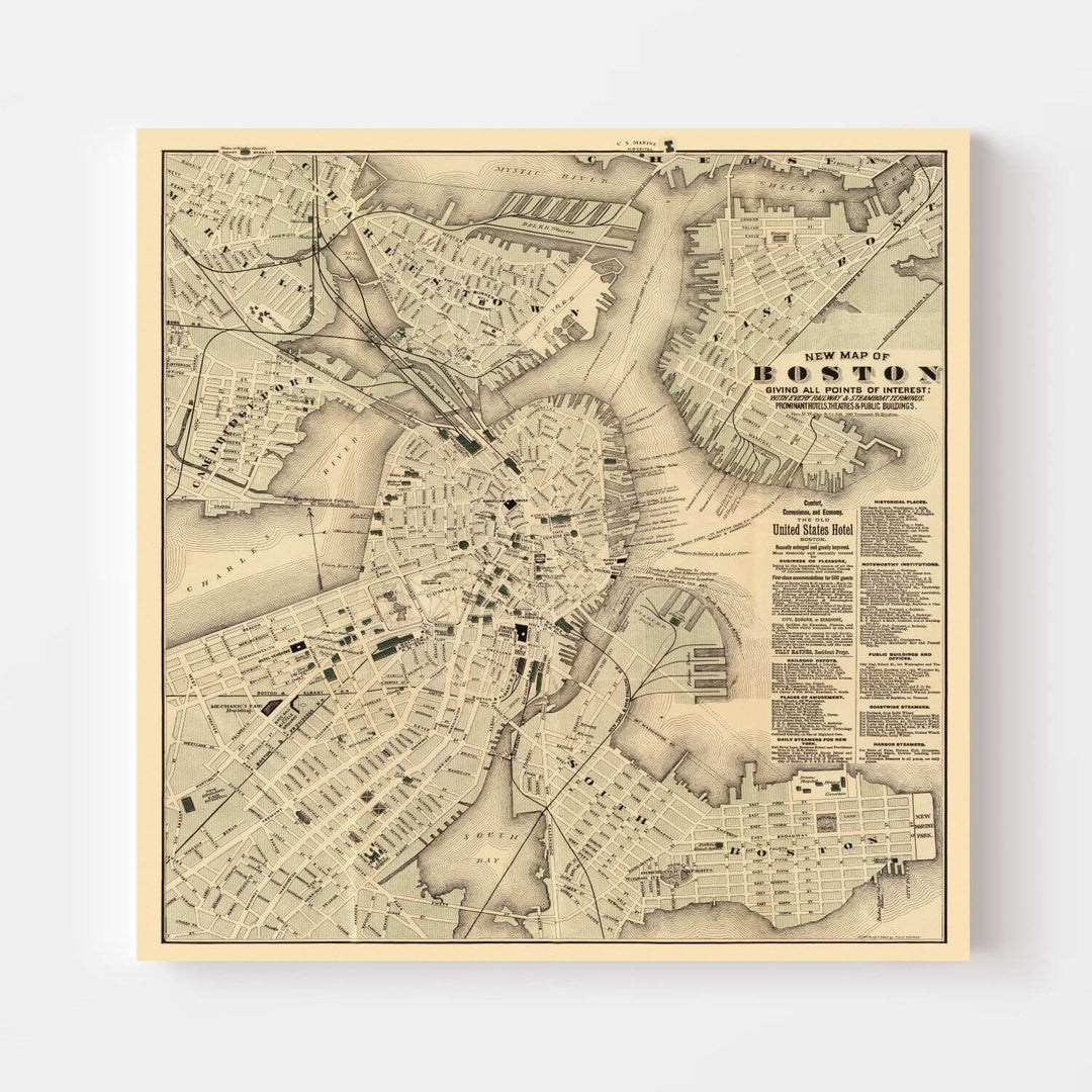 Antique Map of Boston, Massachusetts from 1884 showcasing 19th-century city plan.