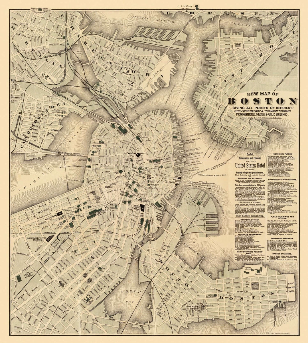 Antique Map of Boston, Massachusetts from 1884 with intricate Victorian-era city details