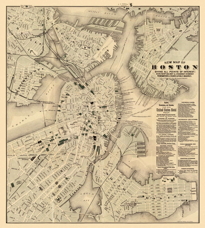 Antique Map of Boston, Massachusetts from 1884 with intricate Victorian-era city details