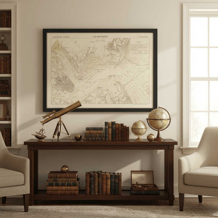 Antique Map of Charleston, South Carolina from 1884 displayed in elegant room with books and nautical decor