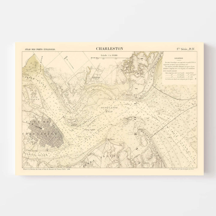 Antique Map of Charleston, South Carolina from 1884 showcasing Charleston Harbor