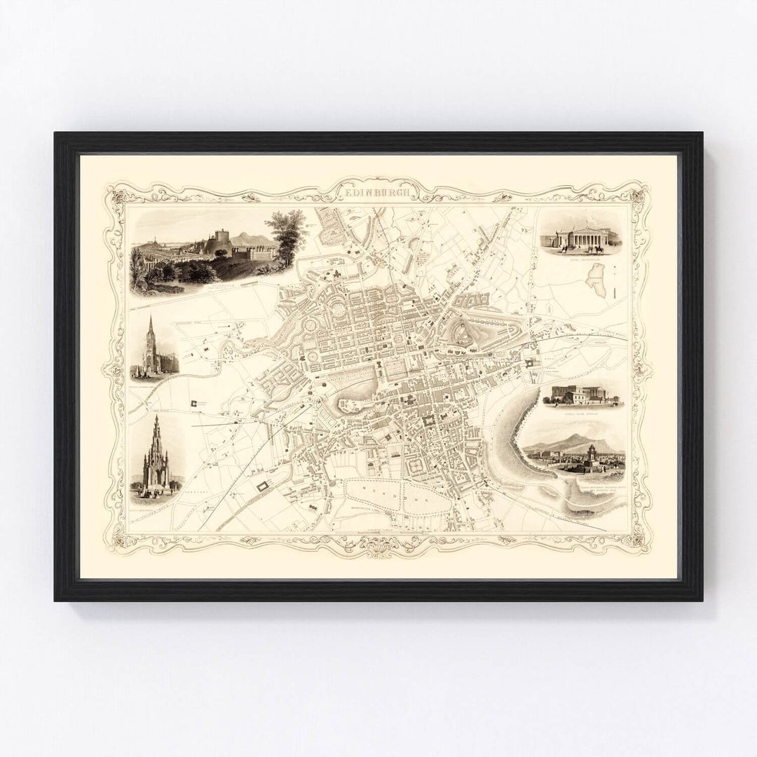 Antique Map of Edinburgh, Scotland from 1851 framed Victorian engraving
