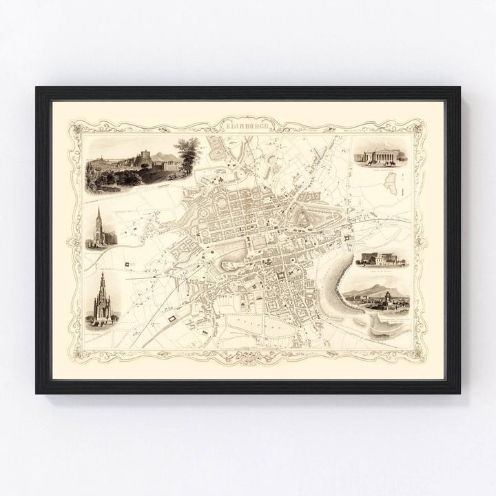 Antique Map of Edinburgh, Scotland from 1851 framed Victorian engraving