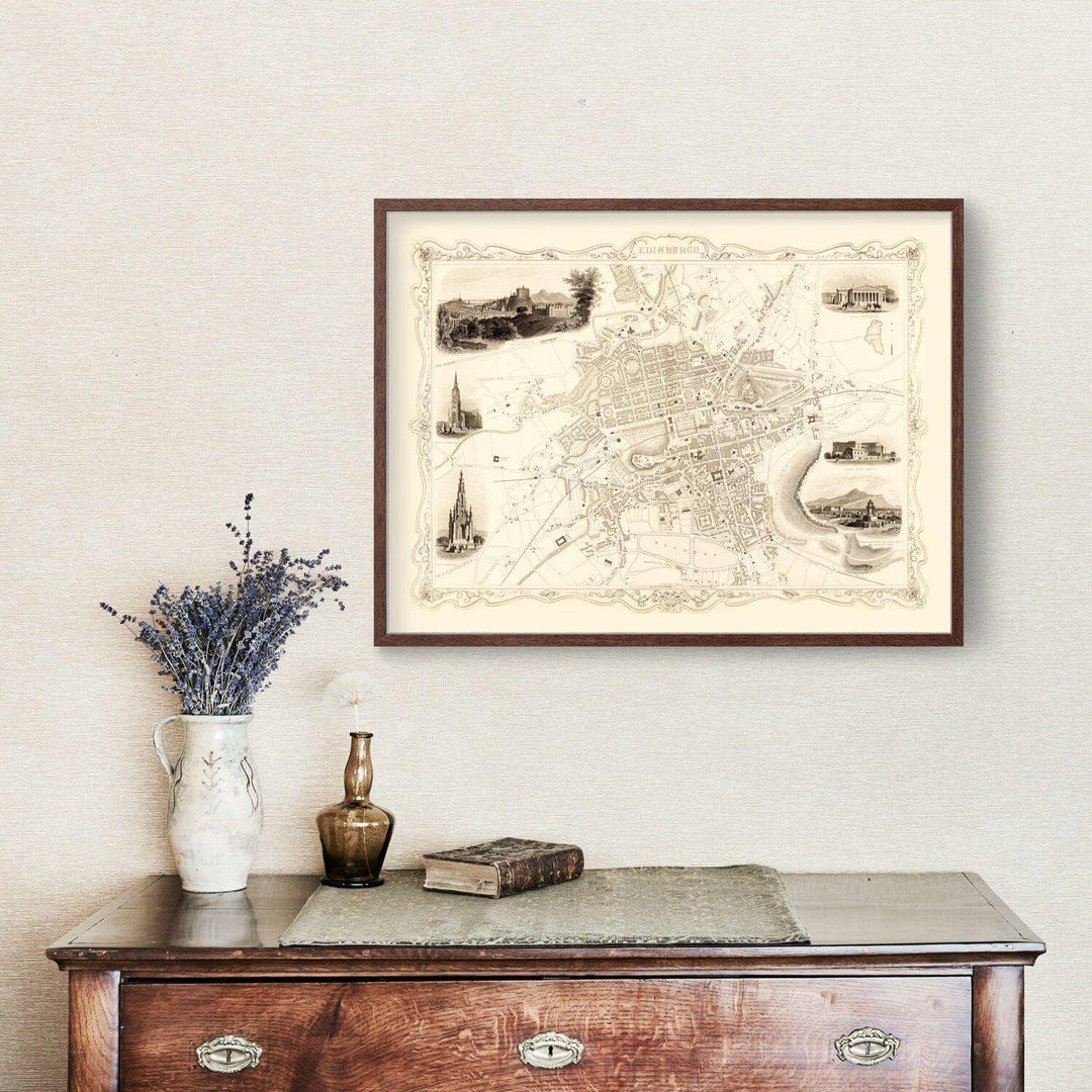Antique Map of Edinburgh, Scotland from 1851 framed on wall above vintage dresser