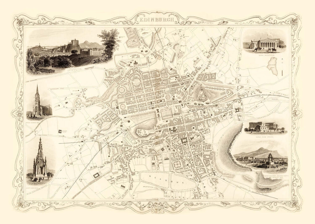 Antique Map of Edinburgh, Scotland from 1851 showing Victorian-era city layout and iconic landmarks.