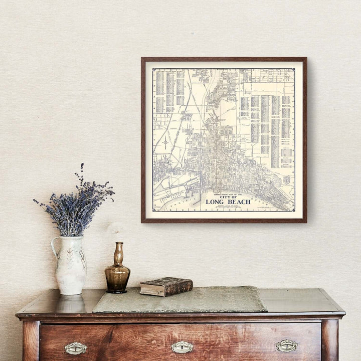 Antique Map of Long Beach, California from 1938 displayed on wall, rustic decor