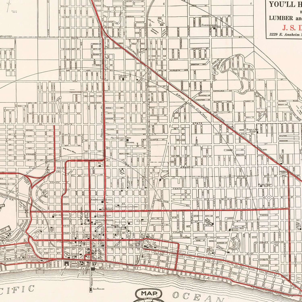 Antique Map of Long Beach, California from 1913 showcasing detailed streets and coastal landmarks.