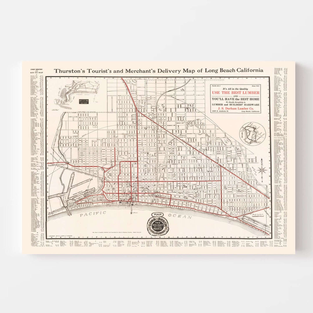 Antique Map of Long Beach, California from 1913 depicting early city layout and coastal geography, a restored archival reproduction.