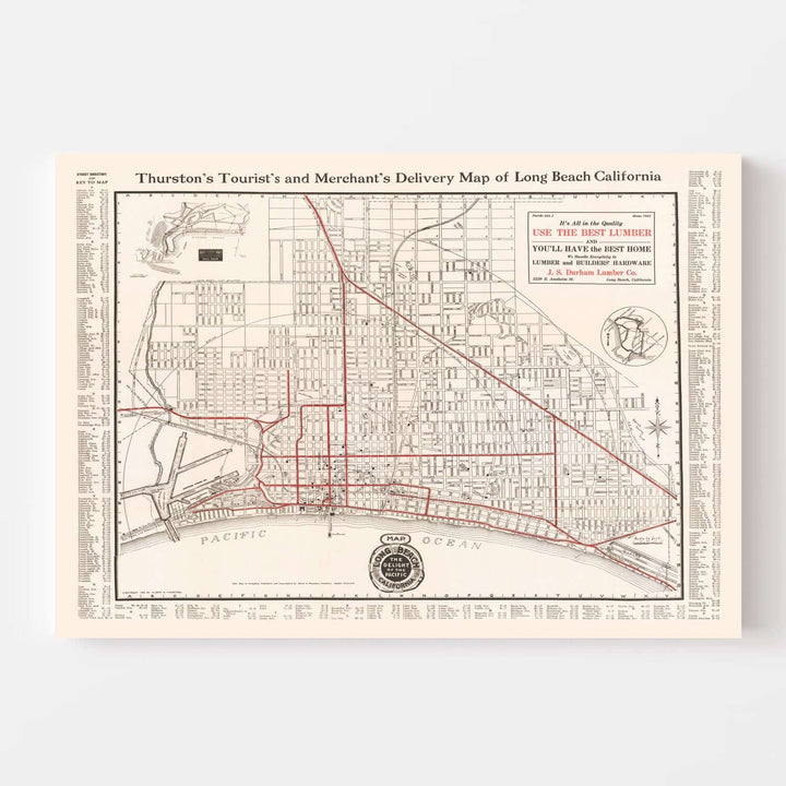 Antique Map of Long Beach, California from 1913 depicting early city layout and coastal geography, a restored archival reproduction.