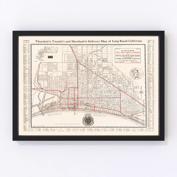Antique Map of Long Beach, California from 1913 in black frame showing detailed city layout and coastal areas.