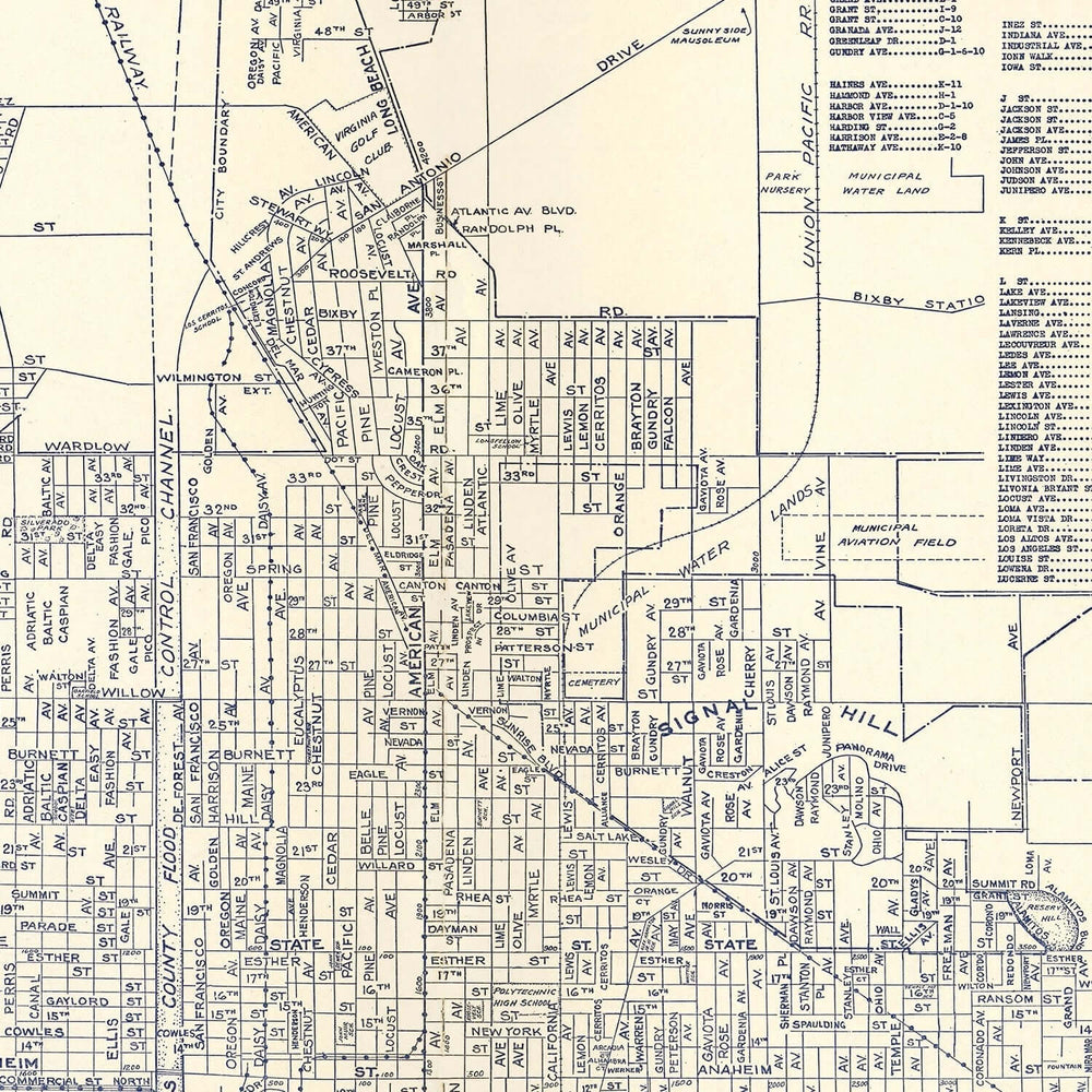 Antique Map of Long Beach, California from 1938 showcasing street layout of Southern California's Golden Era.