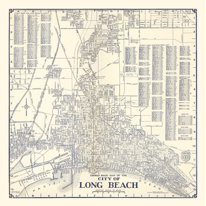 Antique Map of Long Beach, California from 1938, showcasing historical city layout and streets, restored from Thomas Bros. original map.