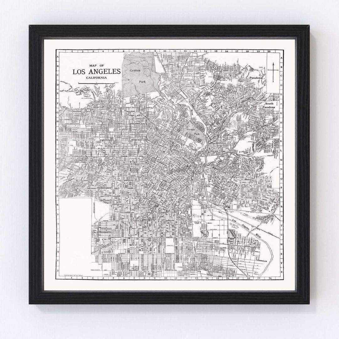 Antique Map of Los Angeles, California from 1929 in black frame, showcasing historical cartography.