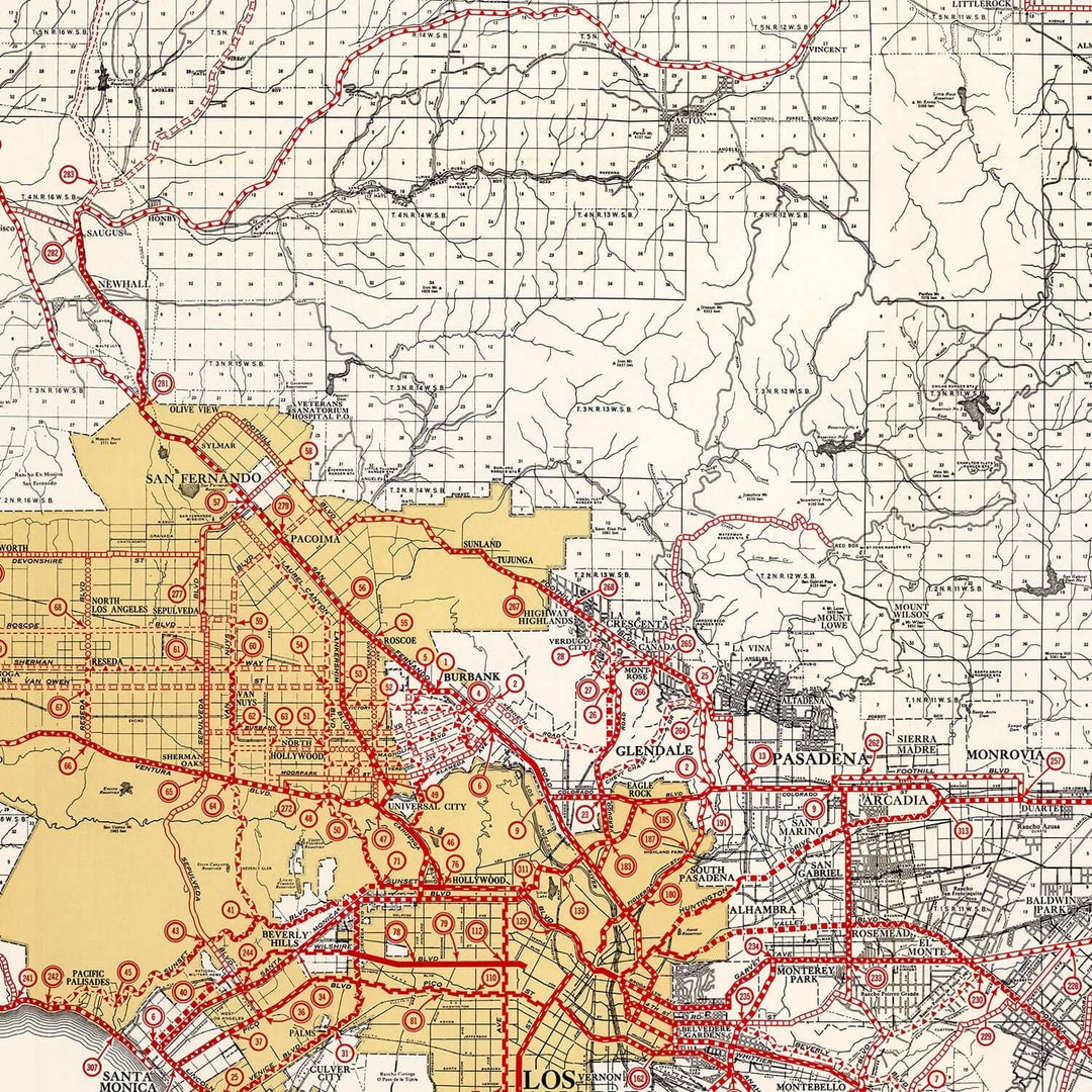 Antique Map of Los Angeles County, California from 1935 showing historical urban development and transportation routes.