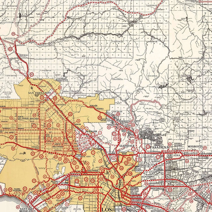 Antique Map of Los Angeles County, California from 1935 showing historical urban development and transportation routes.