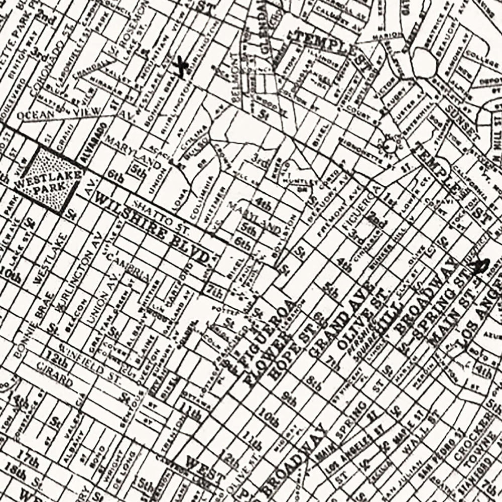 Antique Map of Los Angeles, California from 1929 showcasing city streets and landmarks.