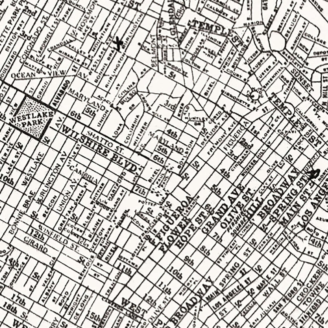 Antique Map of Los Angeles, California from 1929 showcasing city streets and landmarks.