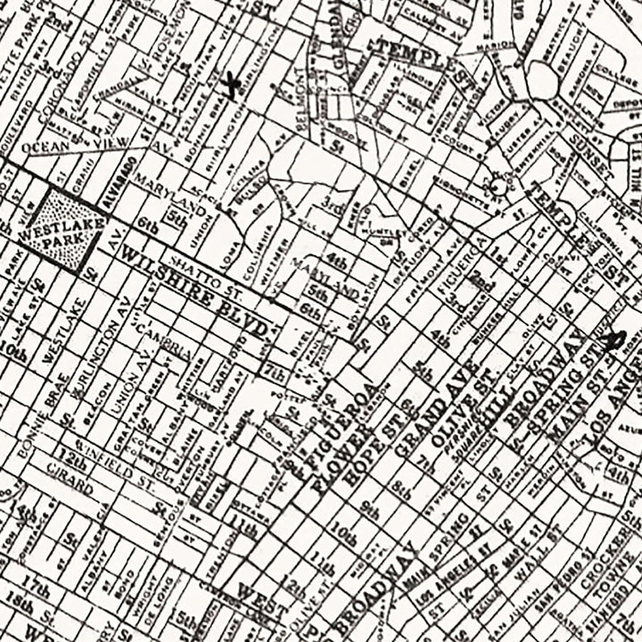 Antique Map of Los Angeles, California from 1929 showcasing city streets and landmarks.