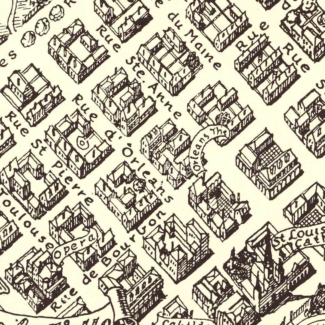 Antique Map of New Orleans, Louisiana from 1930 showcasing detailed street layout and buildings in Art Deco style.