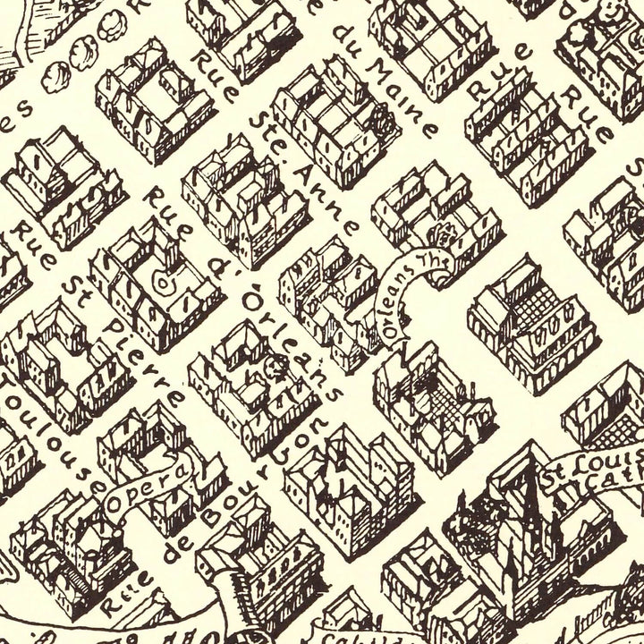 Antique Map of New Orleans, Louisiana from 1930 showcasing detailed street layout and buildings in Art Deco style.