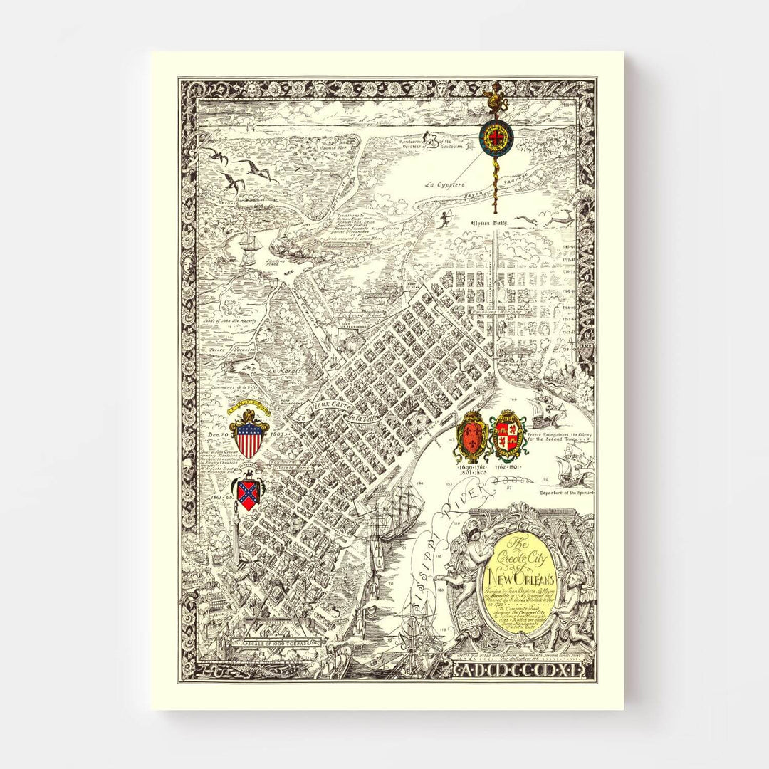 Antique Map of New Orleans, Louisiana from 1930 showcasing Art Deco elegance and geographical charm of Crescent City.