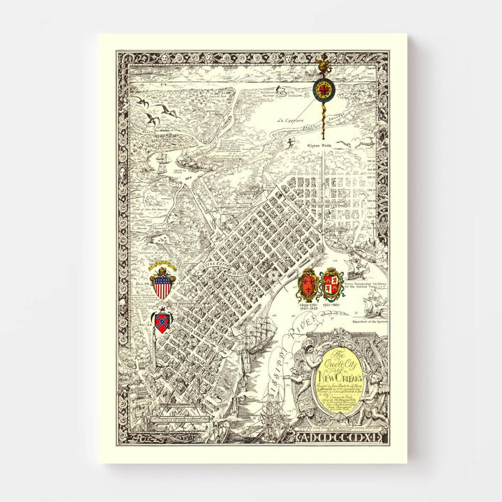 Antique Map of New Orleans, Louisiana from 1930 showcasing Art Deco elegance and geographical charm of Crescent City.