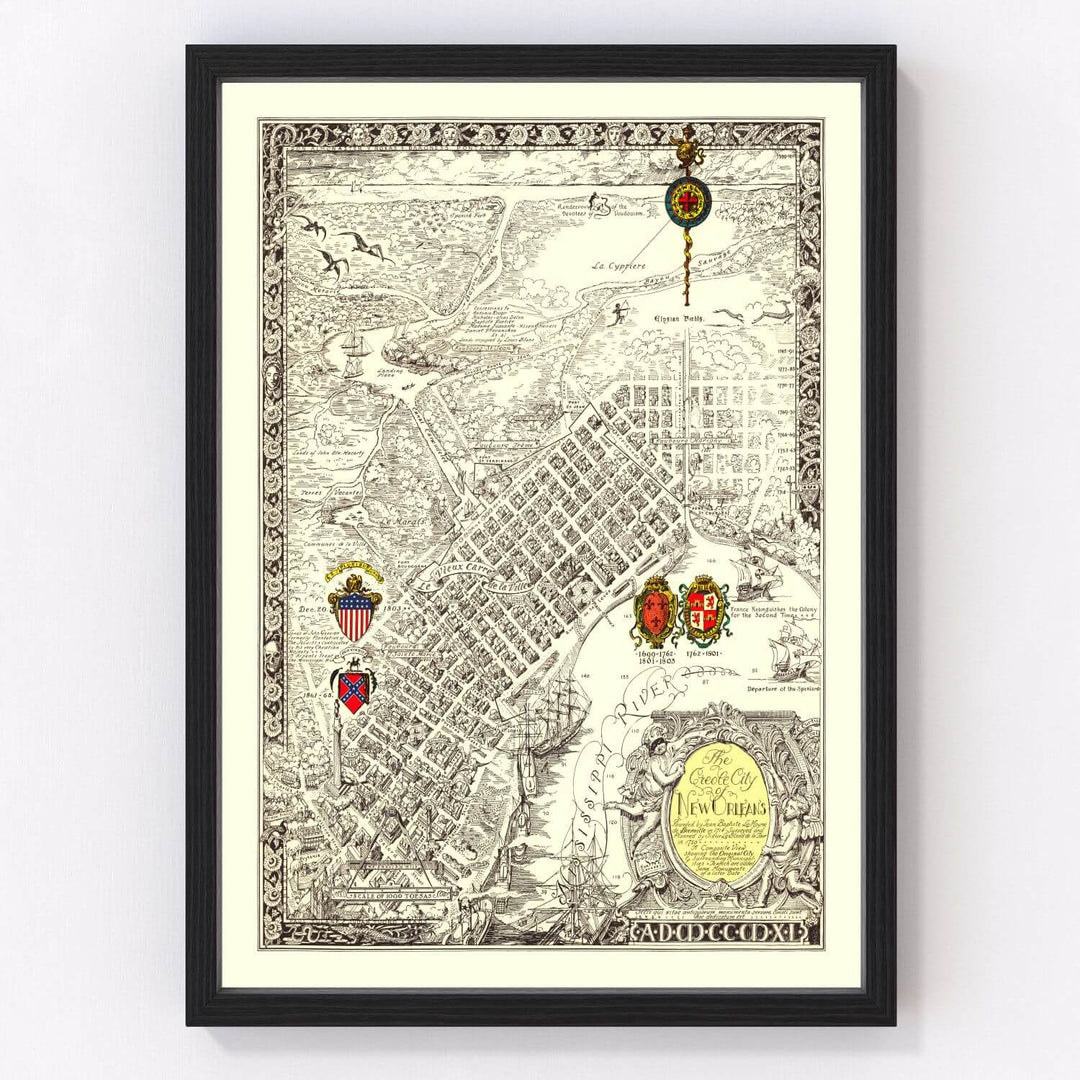 Antique Map of New Orleans, Louisiana from 1930 in Art Deco style, capturing cultural renaissance charm and intricate geographic details.