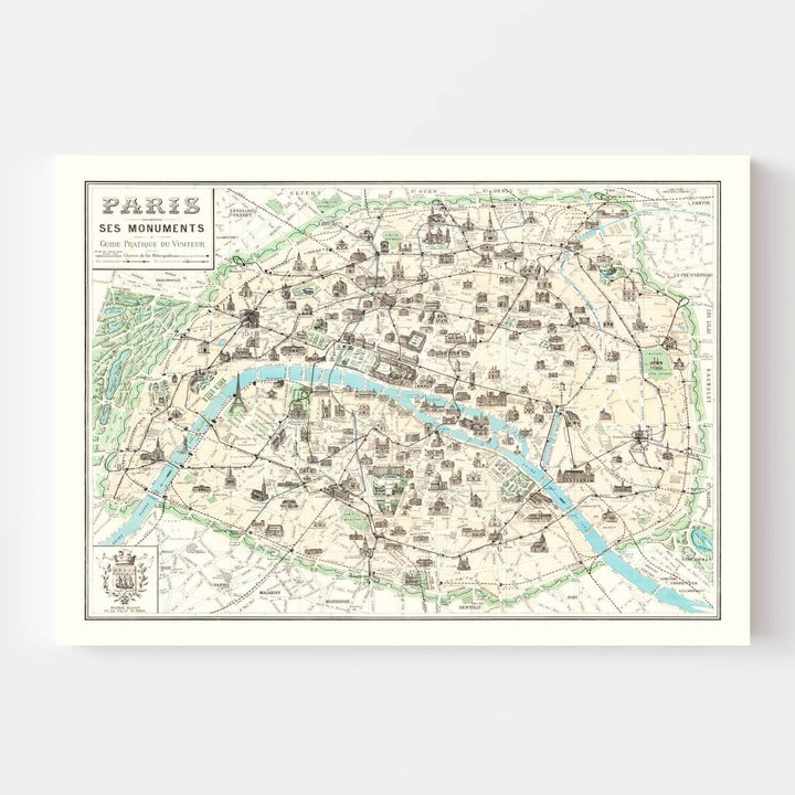 Antique Map of Paris, France from 1905 showing detailed cartographic features of the historic city.