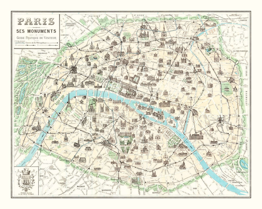 Antique Map of Paris, France from 1905 showing detailed city landmarks and geography.