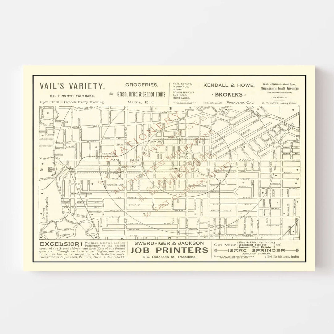 Antique Map of Pasadena, California from 1893 showcasing historical layout with rail lines and Victorian homes.