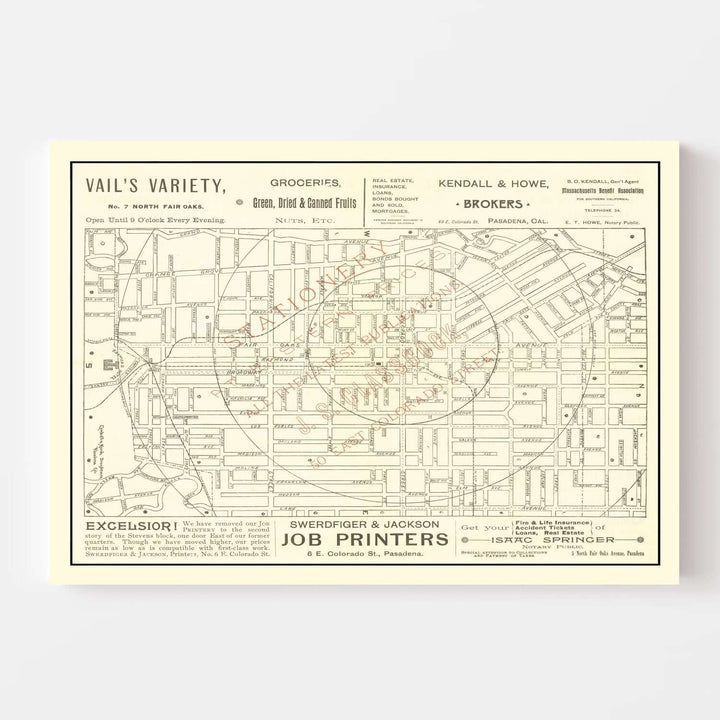 Antique Map of Pasadena, California from 1893 showcasing historical layout with rail lines and Victorian homes.